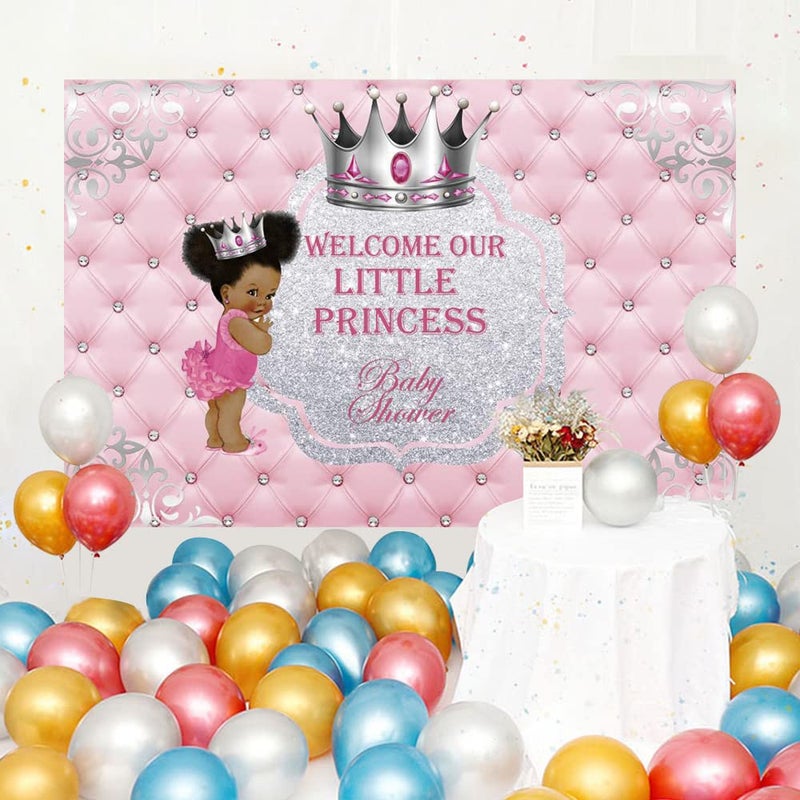 DASHAN 7x5ft Polyester Baby Shower Backdrop Welcome Our Little Princess Silver Crown Pink Photography Background for Newborn Baby Shower Baby Girl Birthday Party YouTube Photo Props - Image 2